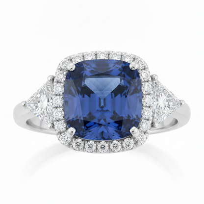 Cushion Blue Sapphire and Triangle Diamond Halo Ring Natural Platinum