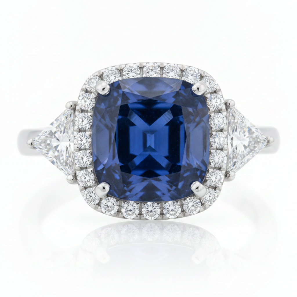 Cushion Blue Sapphire and Triangle Diamond Halo Ring Natural Platinum