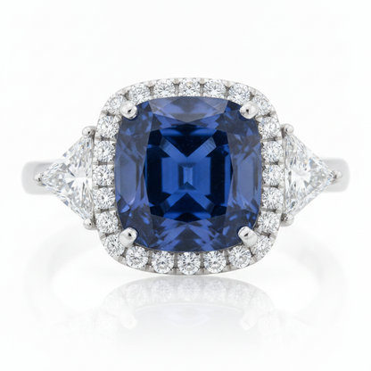 Cushion Blue Sapphire and Triangle Diamond Halo Ring Natural Platinum