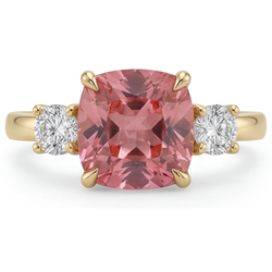 Cushion Lab Grown Padparadscha and Diamond Three Stone Ring 14K Yellow Gold