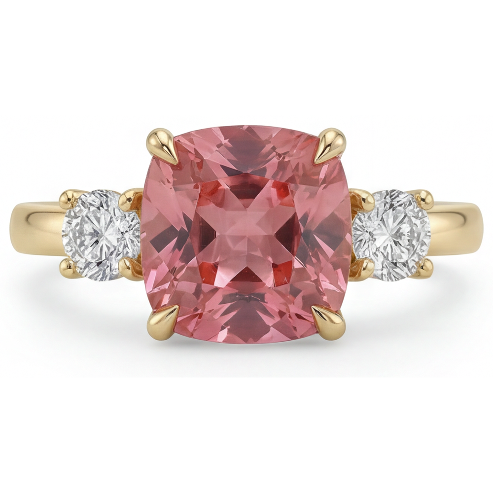 Cushion Lab Grown Padparadscha and Lab Grown Diamond Three Stone Ring 14K Yellow Gold
