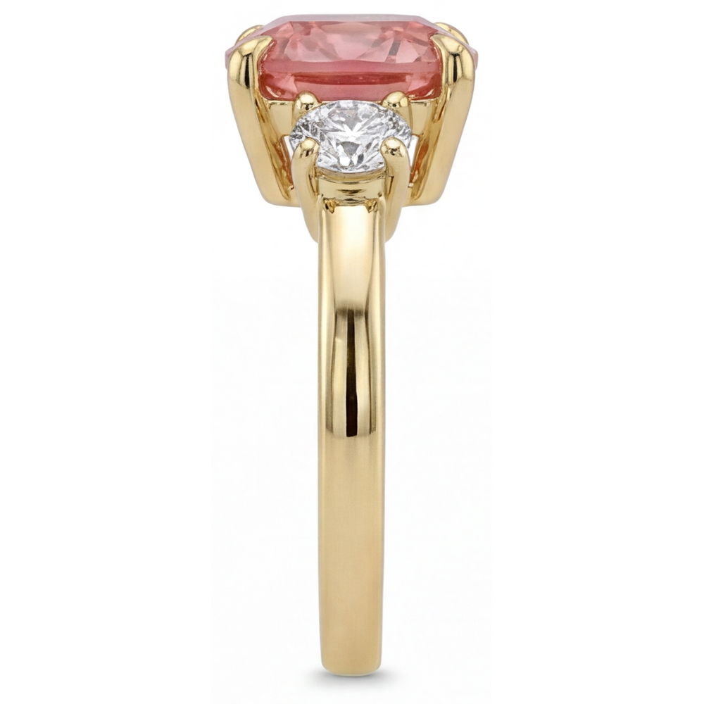 Cushion Lab Grown Padparadscha and Lab Grown Diamond Three Stone Ring 14K Yellow Gold