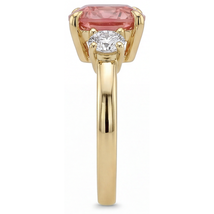 Cushion Lab Grown Padparadscha and Lab Grown Diamond Three Stone Ring 14K Yellow Gold
