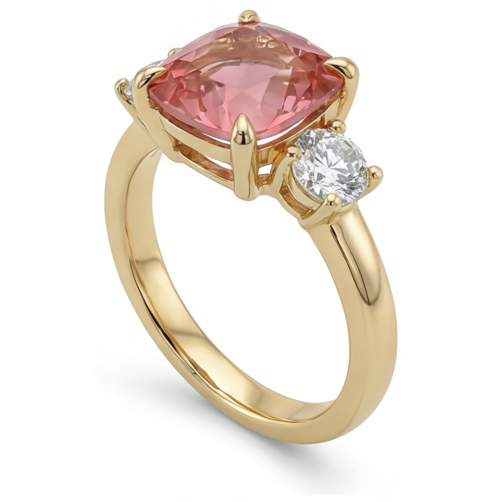 Cushion Lab Grown Padparadscha and Lab Grown Diamond Three Stone Ring 14K Yellow Gold