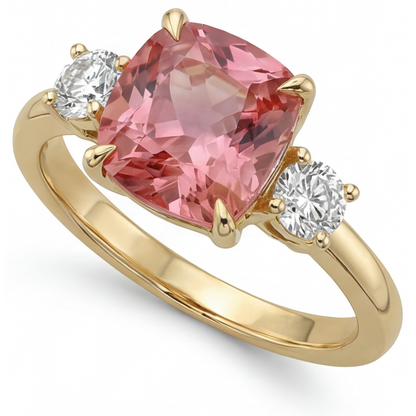 Cushion Lab Grown Padparadscha and Lab Grown Diamond Three Stone Ring 14K Yellow Gold