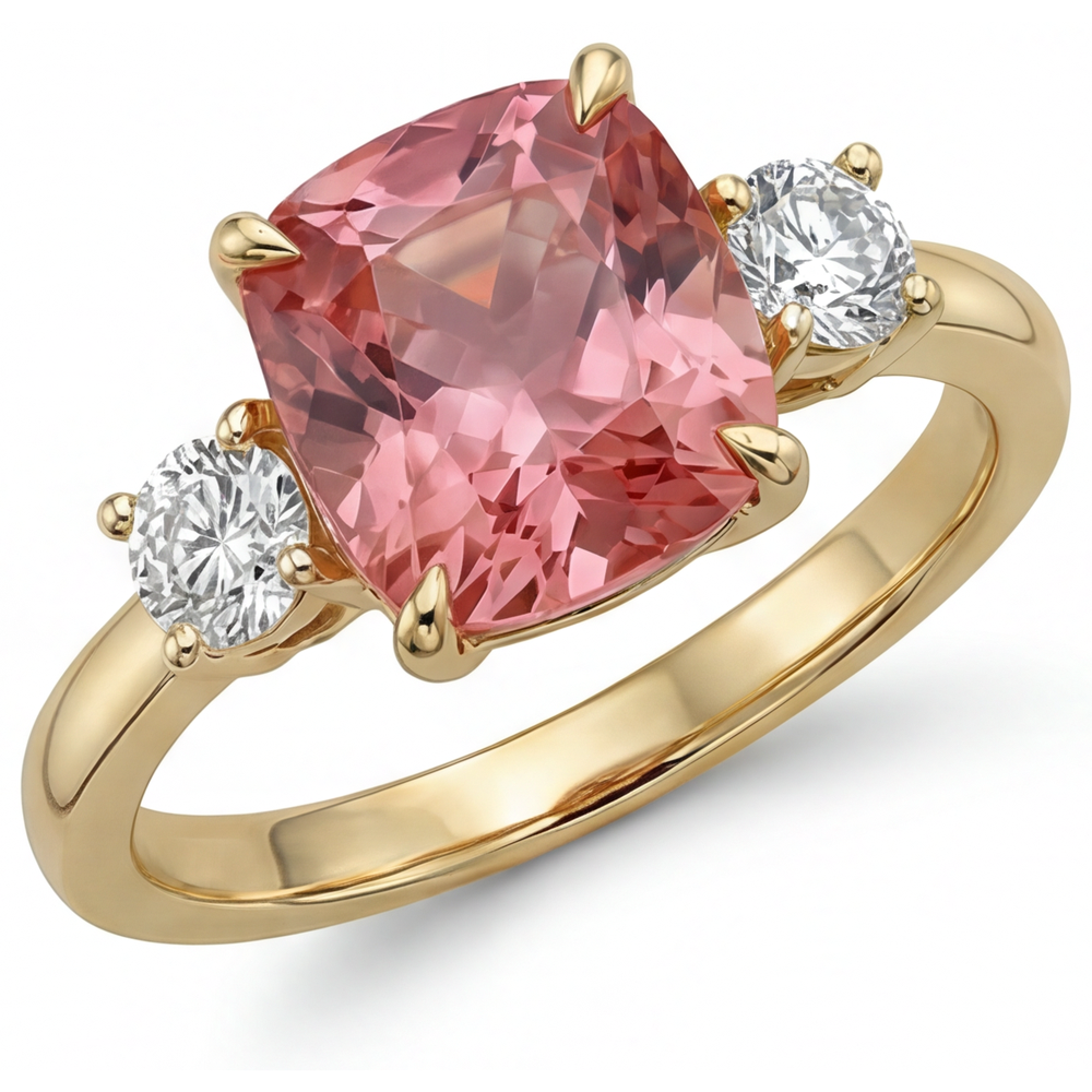 Cushion Lab Grown Padparadscha and Lab Grown Diamond Three Stone Ring 14K Yellow Gold