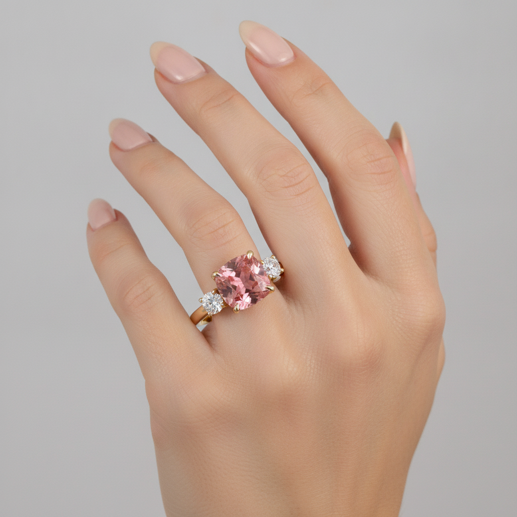 Cushion Lab Grown Padparadscha and Lab Grown Diamond Three Stone Ring 14K Yellow Gold