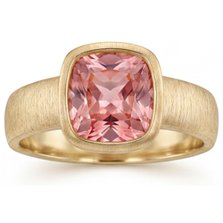 Cushion Lab Grown Padparadscha Bezel Solitaire Ring 14K Yellow Gold
