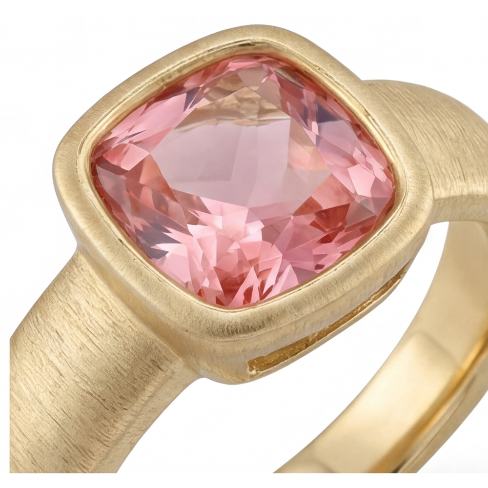 Cushion Lab Grown Padparadscha Bezel Solitaire Ring 14K Yellow Gold