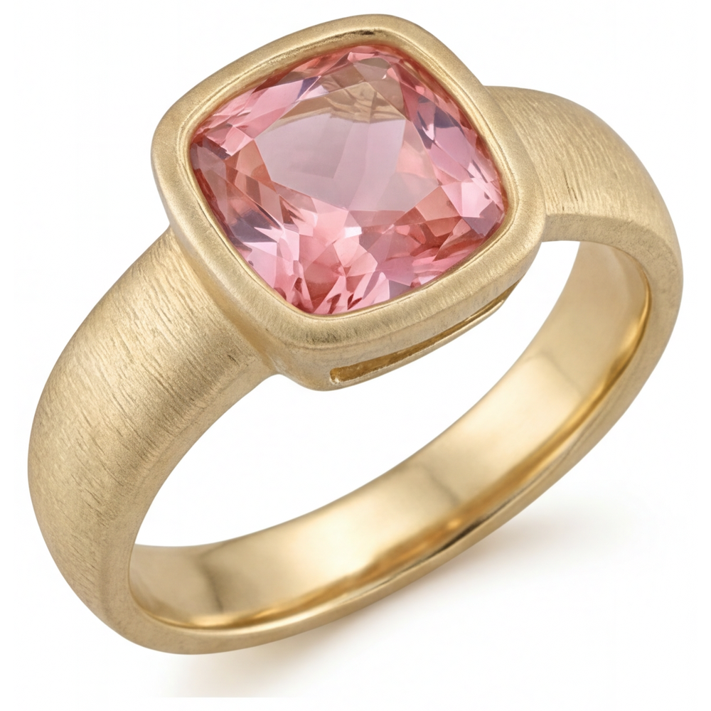 Cushion Lab Grown Padparadscha Bezel Solitaire Ring 14K Yellow Gold