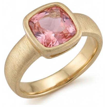 Cushion Lab Grown Padparadscha Bezel Solitaire Ring 14K Yellow Gold
