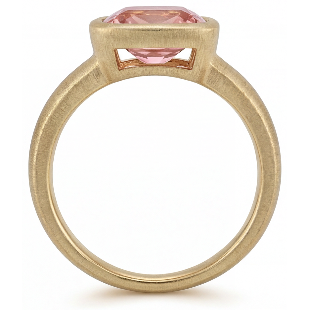 Cushion Lab Grown Padparadscha Bezel Solitaire Ring 14K Yellow Gold