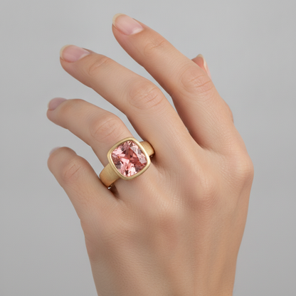 Cushion Lab Grown Padparadscha Bezel Solitaire Ring 14K Yellow Gold