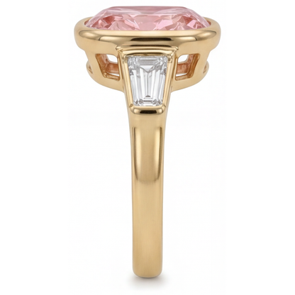 Cushion Padparadscha Bezel Three Stone Ring Natural 14K Yellow Gold