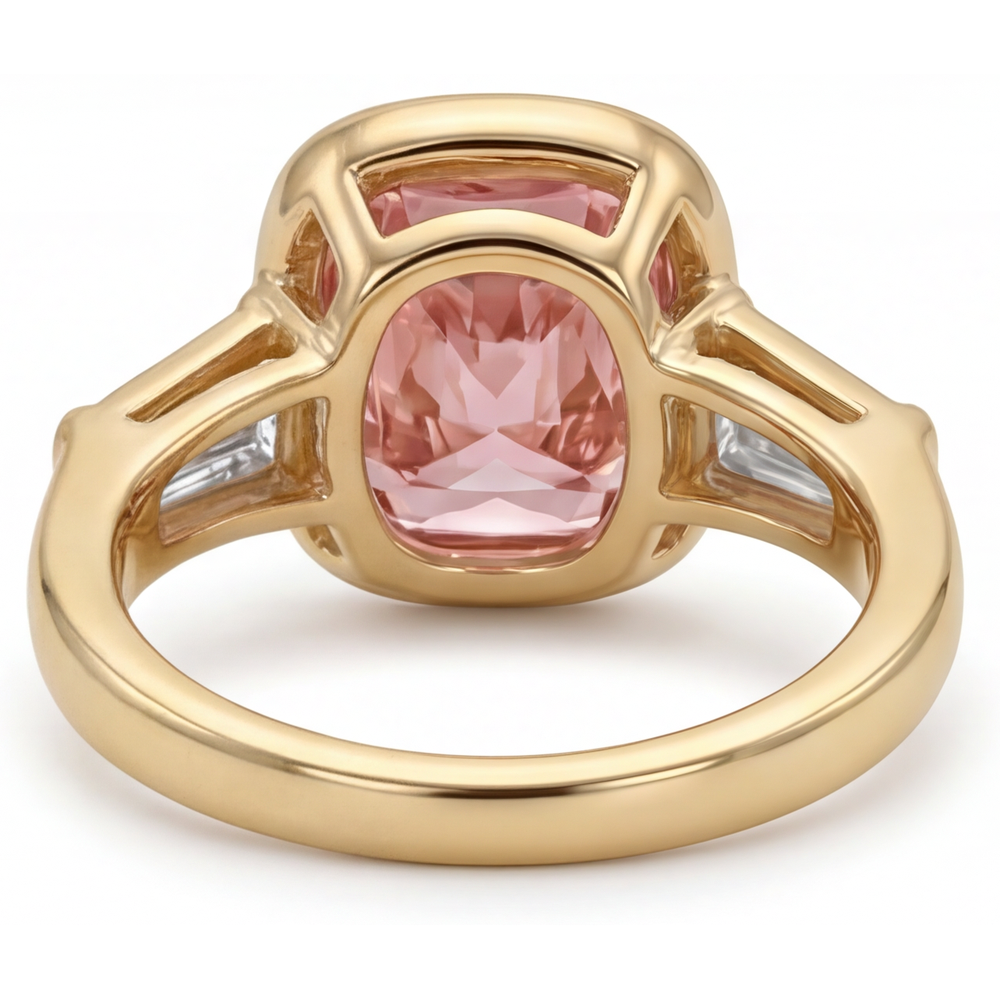 Cushion Padparadscha Bezel Three Stone Ring Natural 14K Yellow Gold