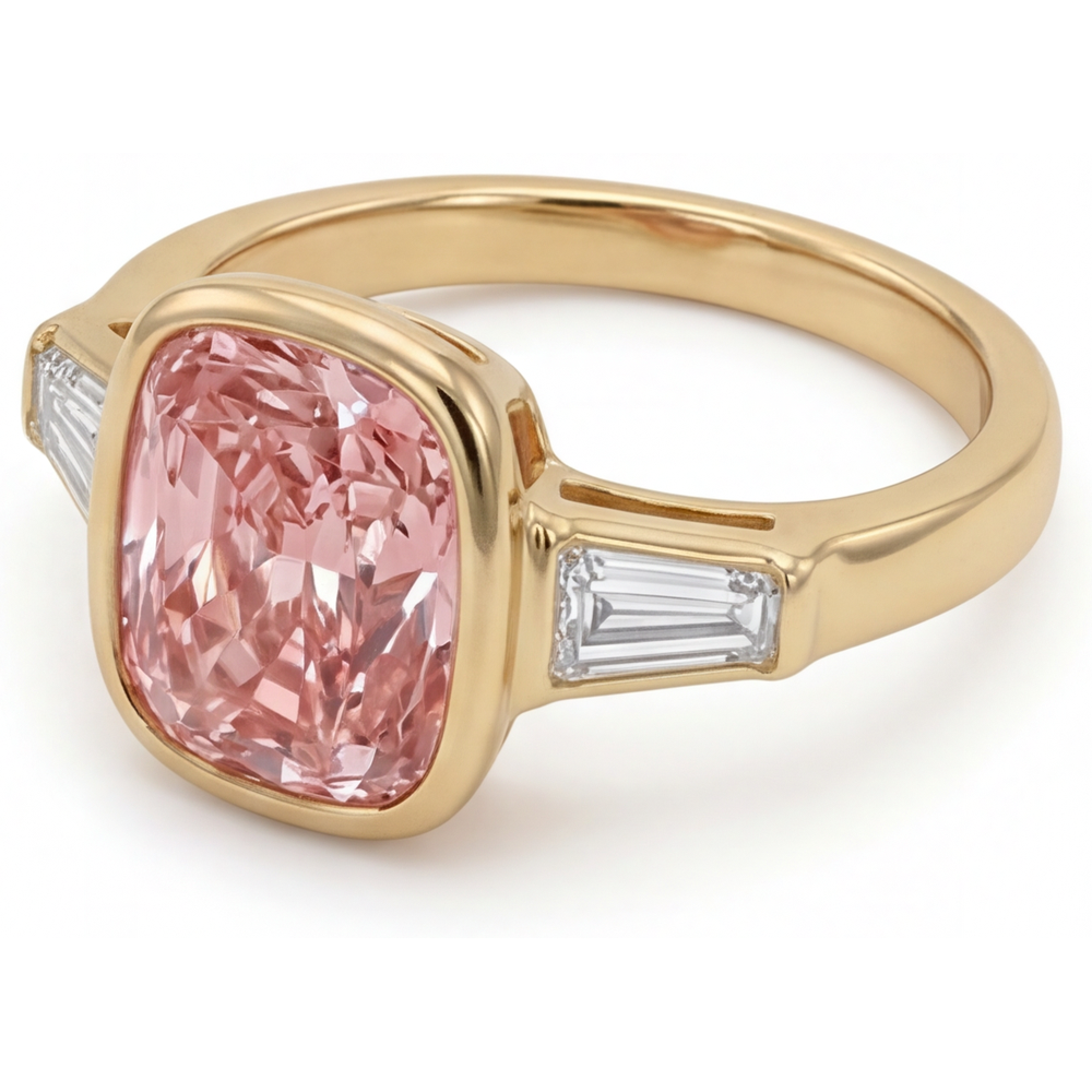 Cushion Padparadscha Bezel Three Stone Ring Natural 14K Yellow Gold