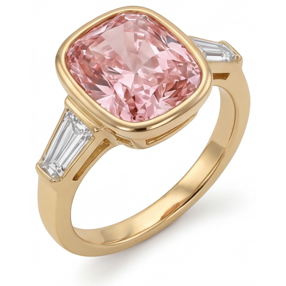 Cushion Padparadscha Bezel Three Stone Ring Natural 14K Yellow Gold