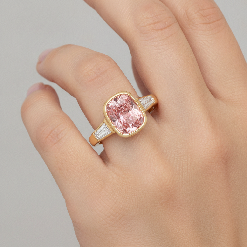 Cushion Padparadscha Bezel Three Stone Ring Natural 14K Yellow Gold