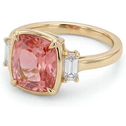 Cushion Padparadscha and White Diamond Three Stone Ring Natural 14K Yellow Gold