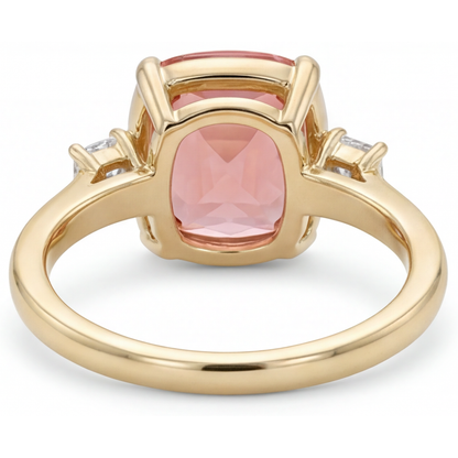 Cushion Padparadscha and White Diamond Three Stone Ring Natural 14K Yellow Gold
