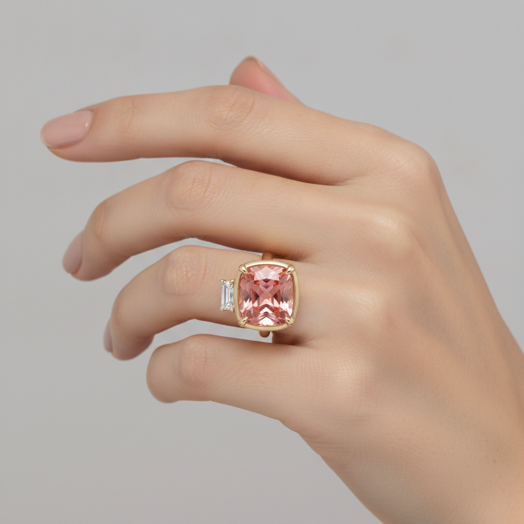 Cushion Padparadscha and White Diamond Three Stone Ring Natural 14K Yellow Gold