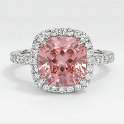 Cushion Padparadscha and White Diamond Halo Ring Natural 14K White Gold