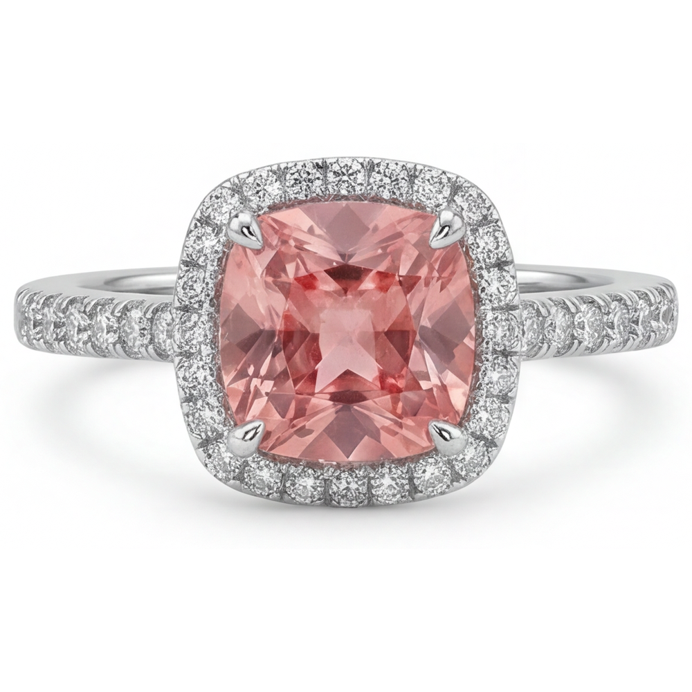 Cushion Padparadscha and White Diamond Halo Ring Natural 14K White Gold