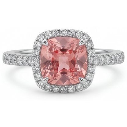 Cushion Padparadscha and White Diamond Halo Ring Natural 14K White Gold