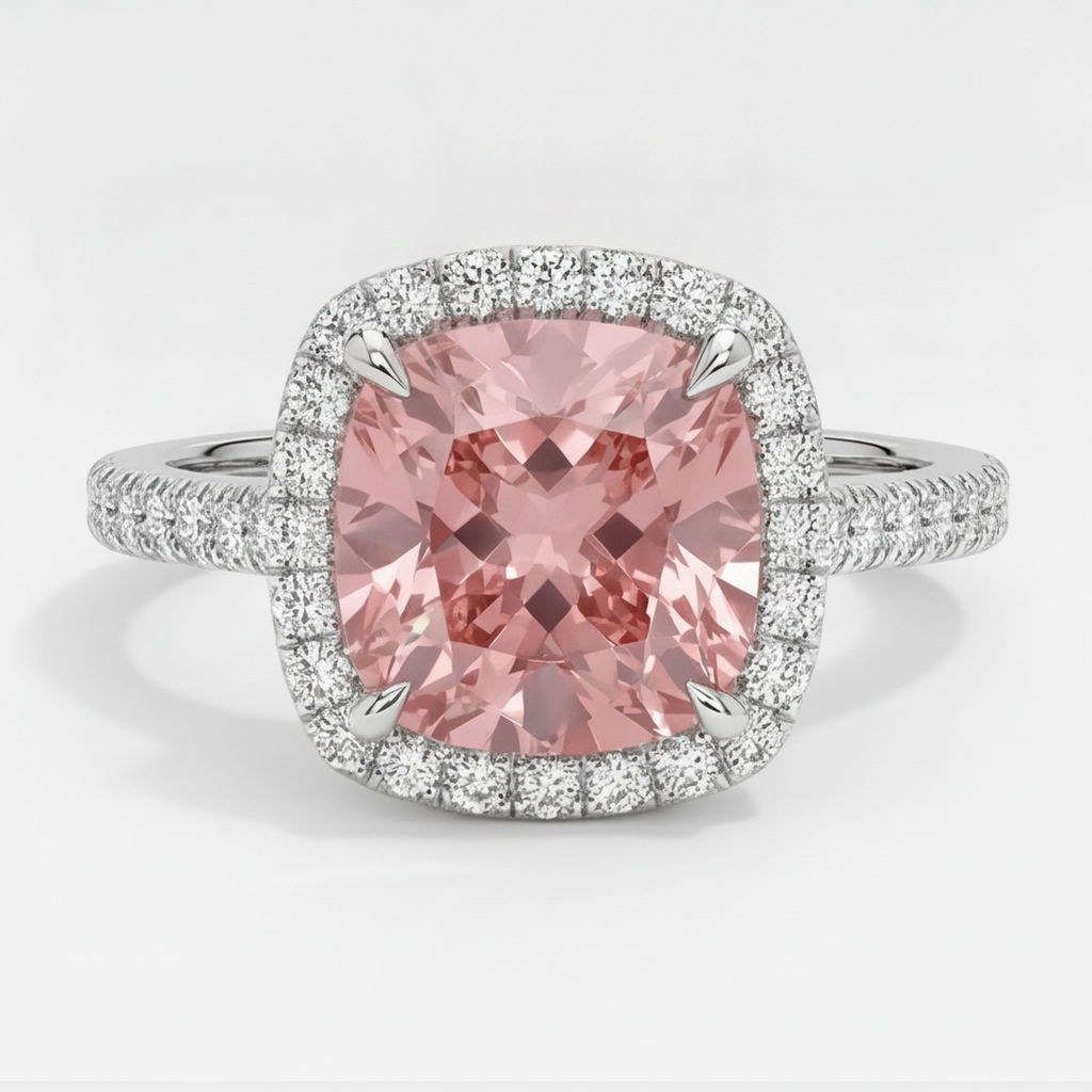 Cushion Padparadscha and White Diamond Halo Ring Natural 14K White Gold