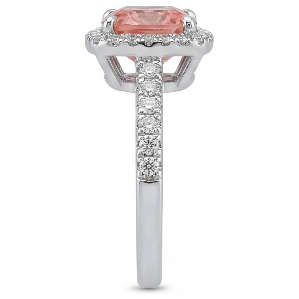 Cushion Padparadscha and White Diamond Halo Ring Natural 14K White Gold