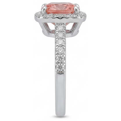 Cushion Padparadscha and White Diamond Halo Ring Natural 14K White Gold