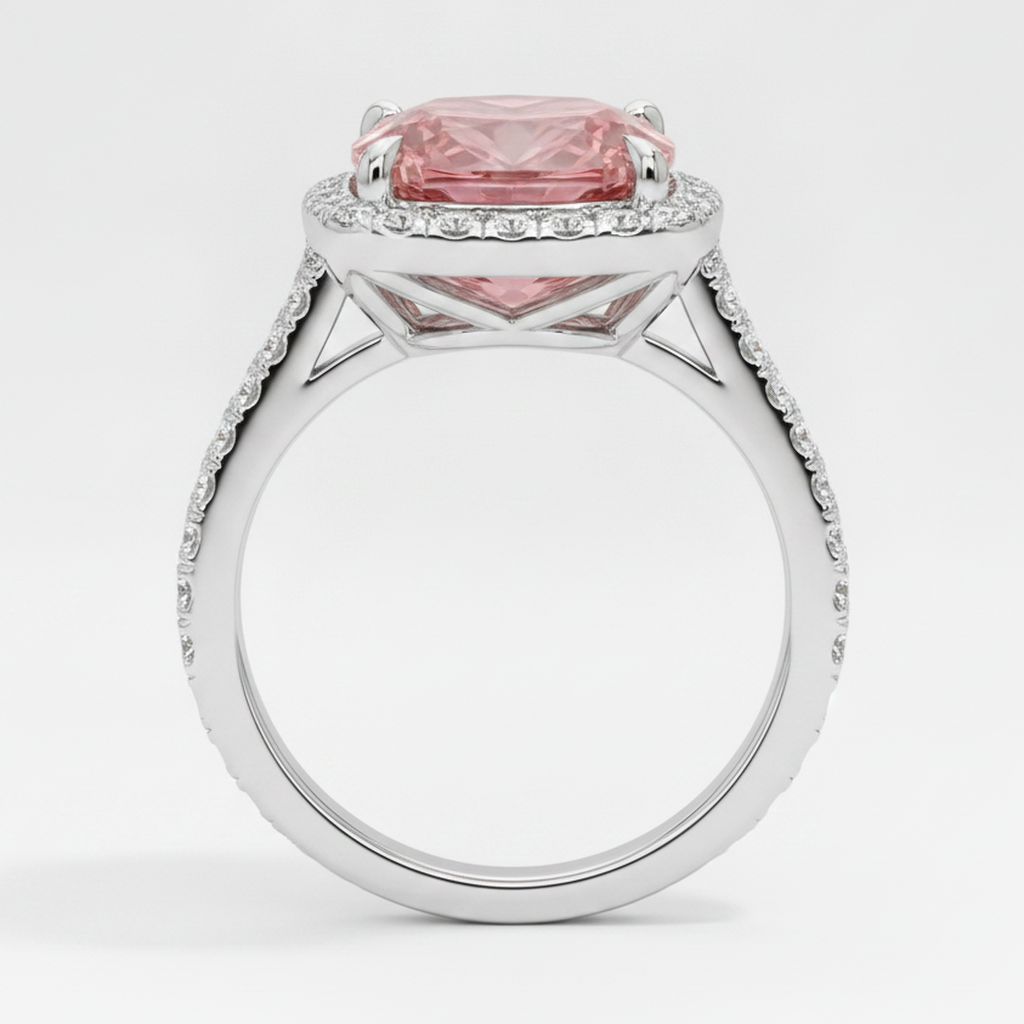 Cushion Padparadscha and White Diamond Halo Ring Natural 14K White Gold