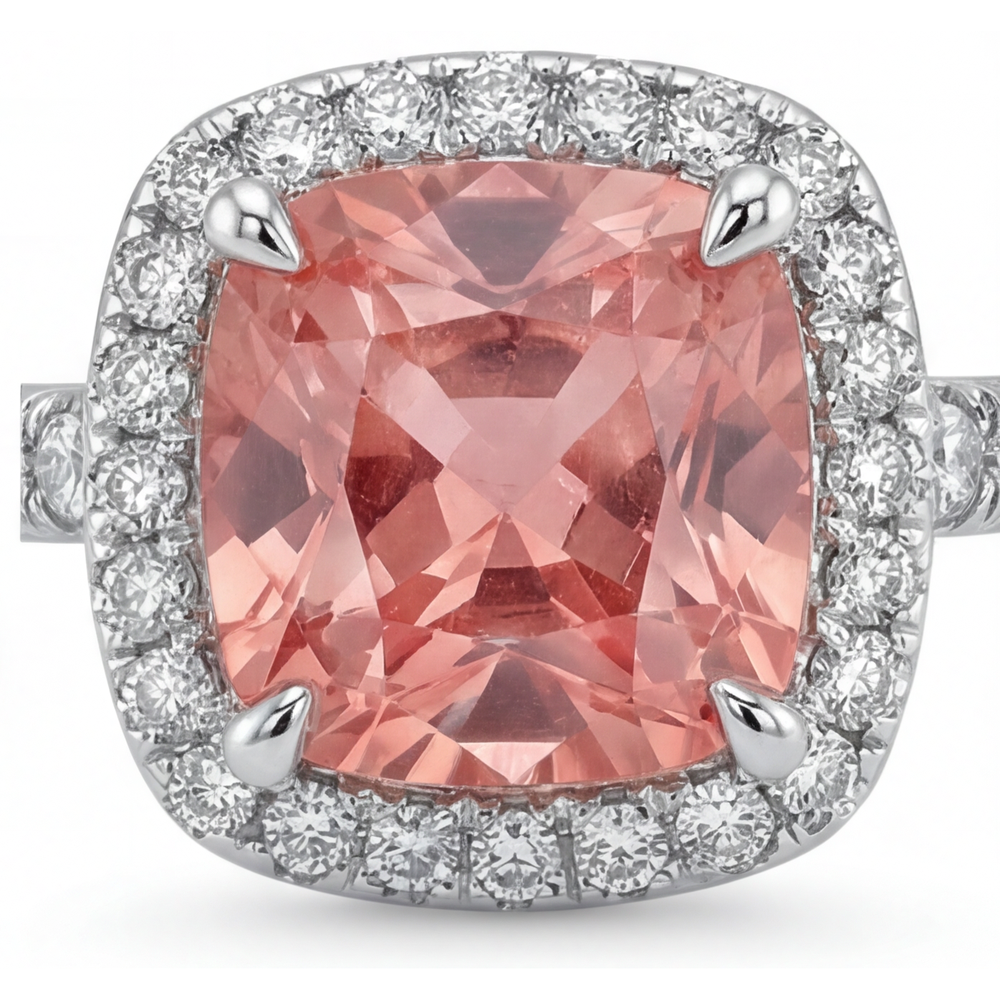 Cushion Padparadscha and White Diamond Halo Ring Natural 14K White Gold