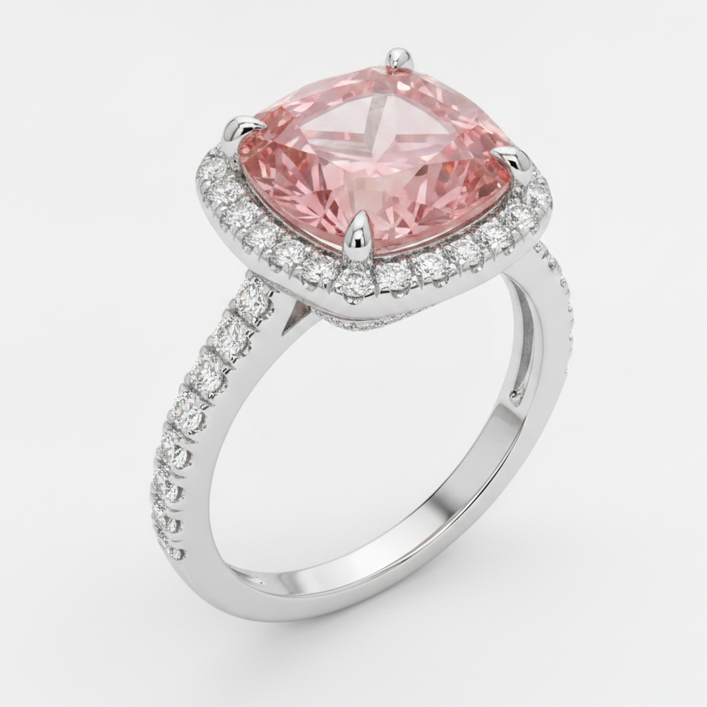 Cushion Padparadscha and White Diamond Halo Ring Natural 14K White Gold