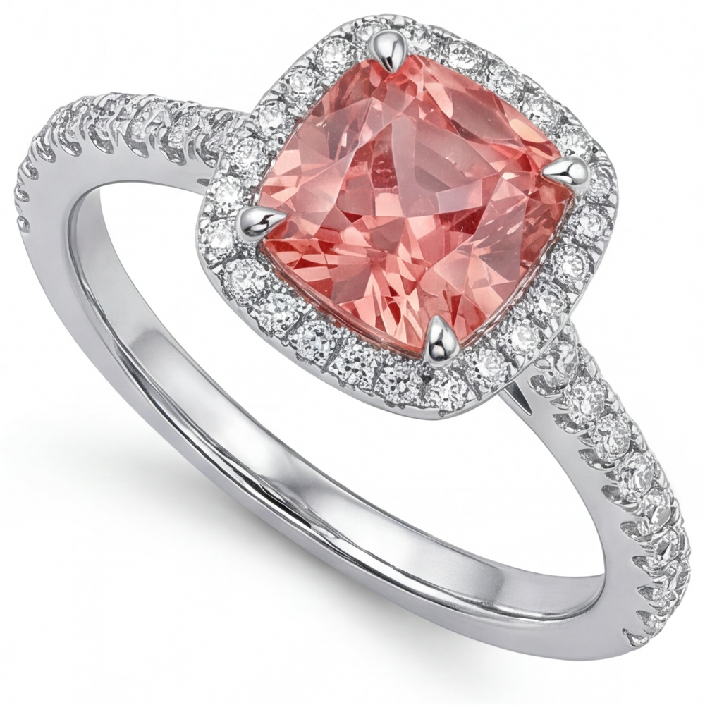 Cushion Padparadscha and White Diamond Halo Ring Natural 14K White Gold