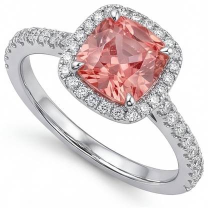 Cushion Padparadscha and White Diamond Halo Ring Natural 14K White Gold