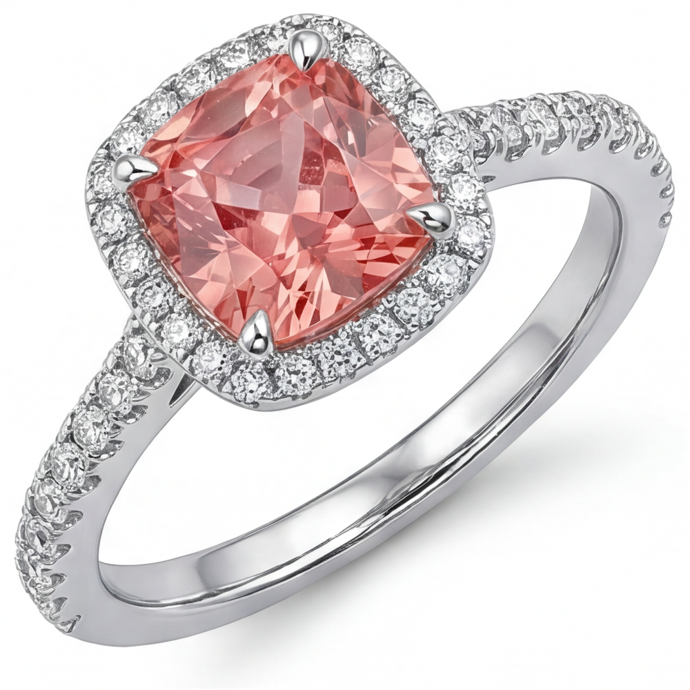 Cushion Padparadscha and White Diamond Halo Ring Natural 14K White Gold
