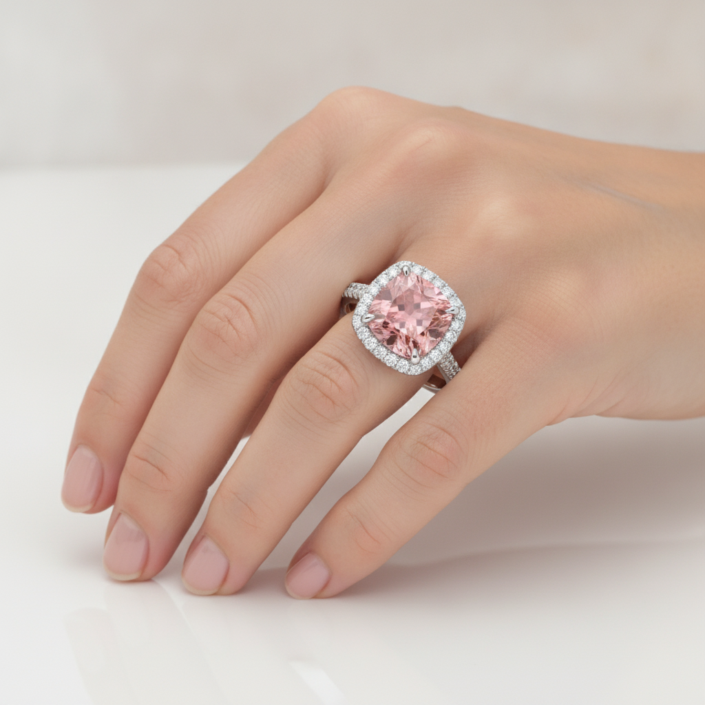Cushion Padparadscha and White Diamond Halo Ring Natural 14K White Gold