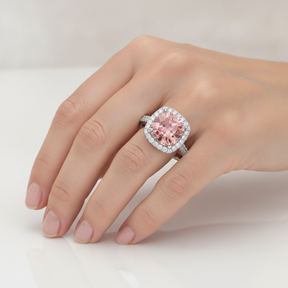 Cushion Padparadscha and White Diamond Halo Ring Natural 14K White Gold