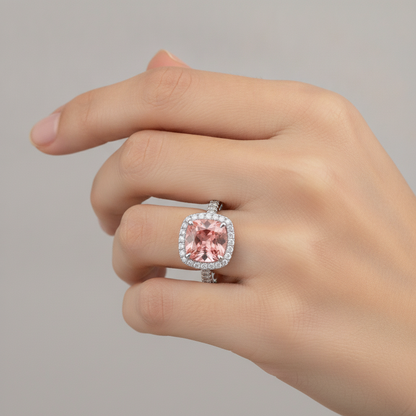 Cushion Padparadscha and White Diamond Halo Ring Natural 14K White Gold