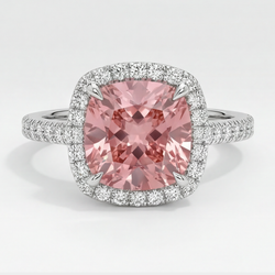 Cushion Padparadscha and White Diamond Pave Halo Ring Natural 14K White Gold