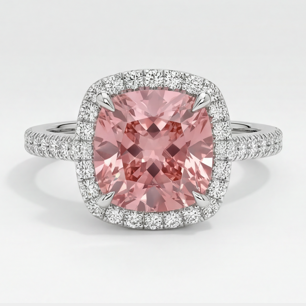 Cushion Padparadscha and White Diamond Halo Ring Natural 14K White Gold