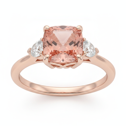 Cushion Padparadscha and White Diamond Three Stone Ring Natural 14K Rose Gold