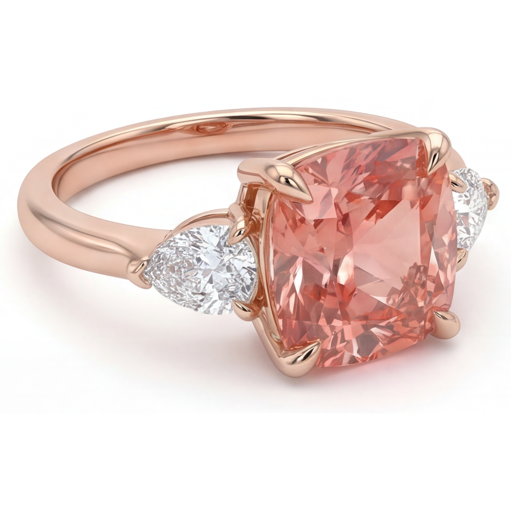 Cushion Padparadscha and White Diamond Three Stone Ring Natural 14K Rose Gold