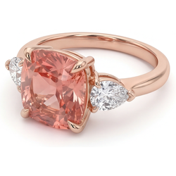 Cushion Padparadscha and White Diamond Three Stone Ring Natural 14K Rose Gold