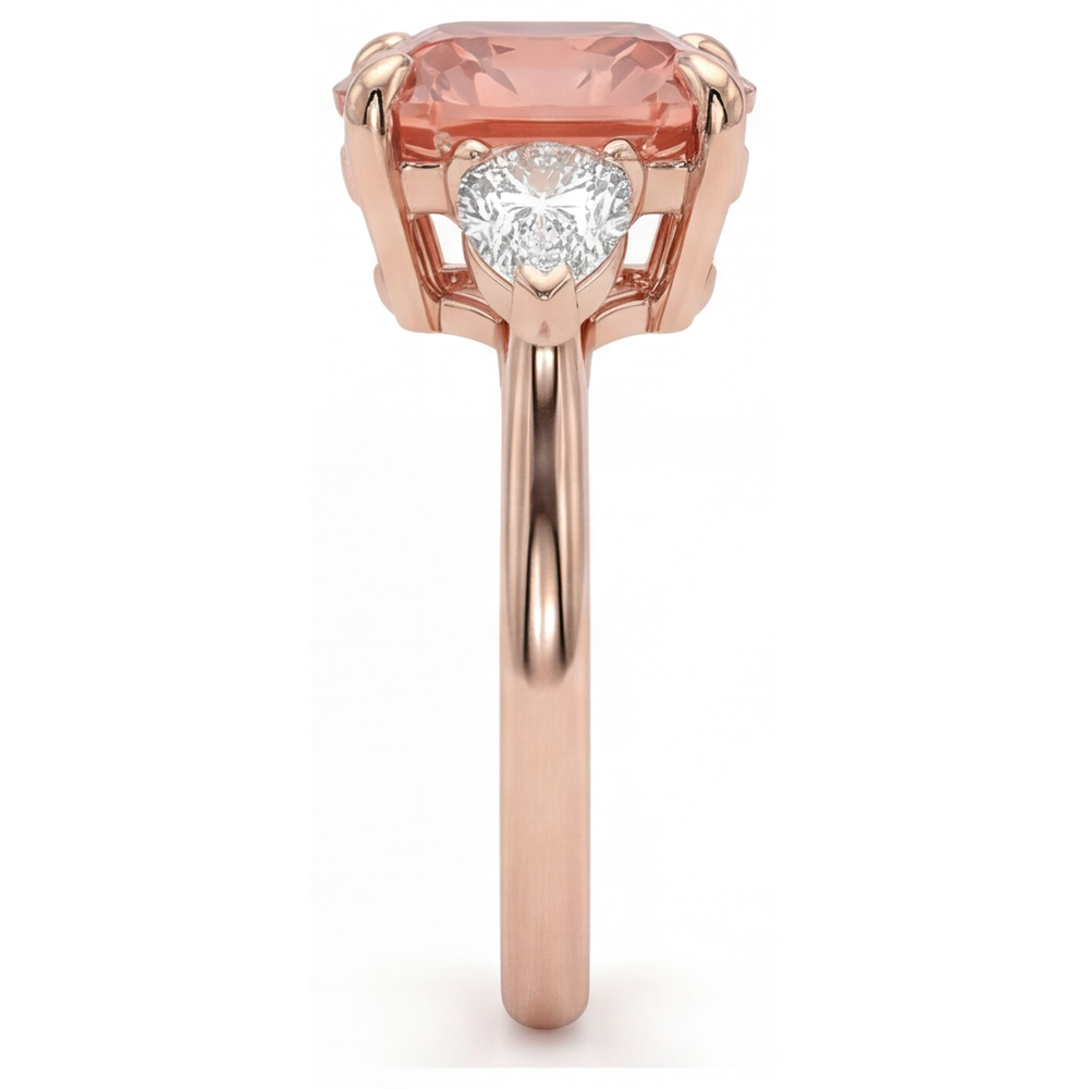 Cushion Padparadscha and White Diamond Three Stone Ring Natural 14K Rose Gold
