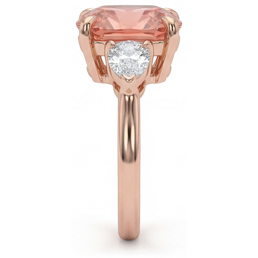 Cushion Padparadscha and White Diamond Three Stone Ring Natural 14K Rose Gold