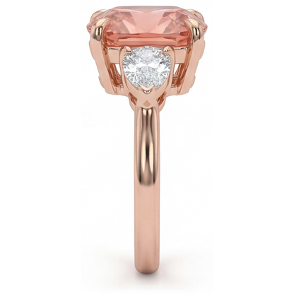 Cushion Padparadscha and White Diamond Three Stone Ring Natural 14K Rose Gold