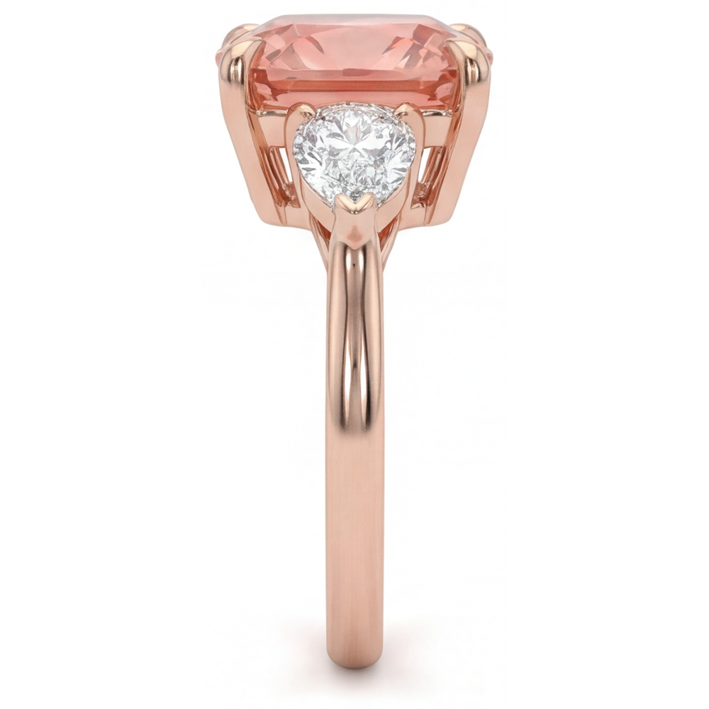 Cushion Padparadscha and White Diamond Three Stone Ring Natural 14K Rose Gold