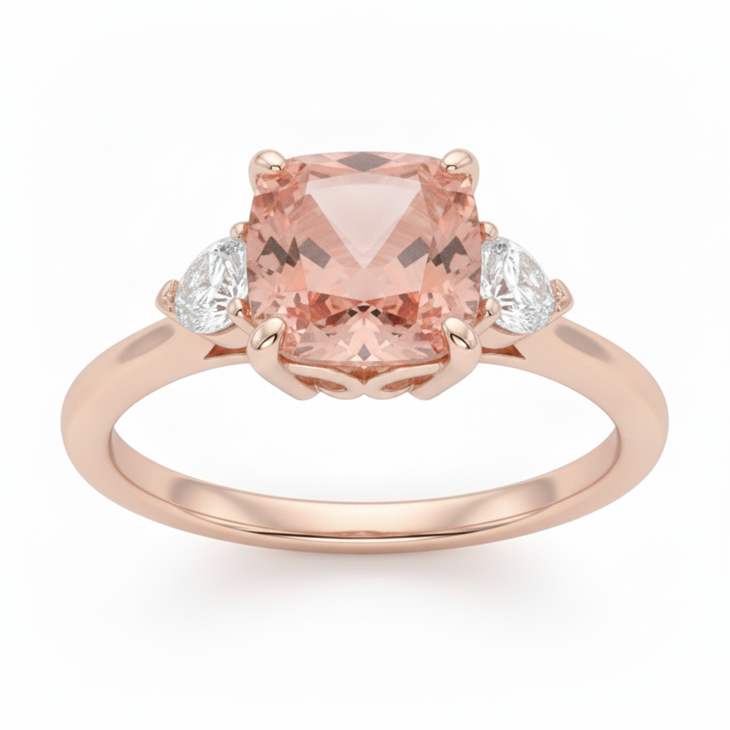 Cushion Padparadscha and White Diamond Three Stone Ring Natural 14K Rose Gold